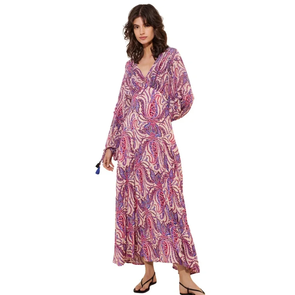 Free People Dress Size 4 Pink Purple Mirage Paisley Maxi Boho Tassel Empire